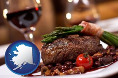 alaska map icon and a steak dinner