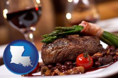 louisiana map icon and a steak dinner