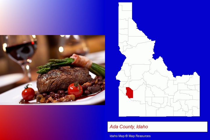 a steak dinner; Ada County, Idaho highlighted in red on a map
