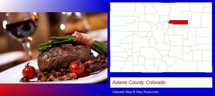 a steak dinner; Adams County, Colorado highlighted in red on a map