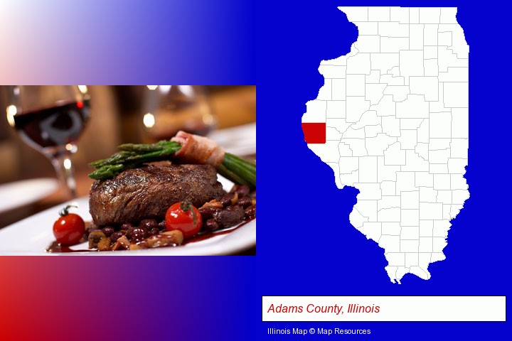 a steak dinner; Adams County, Illinois highlighted in red on a map