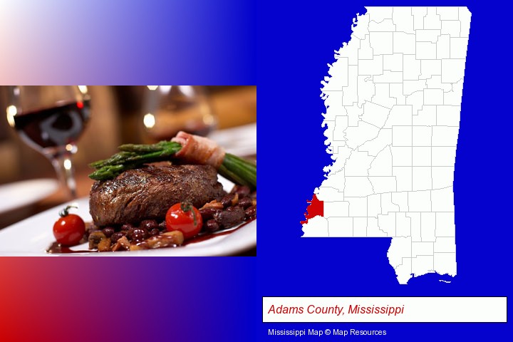 a steak dinner; Adams County, Mississippi highlighted in red on a map