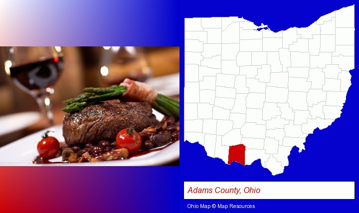a steak dinner; Adams County, Ohio highlighted in red on a map