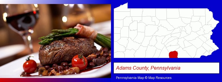 a steak dinner; Adams County, Pennsylvania highlighted in red on a map