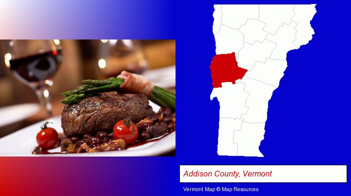 a steak dinner; Addison County, Vermont highlighted in red on a map