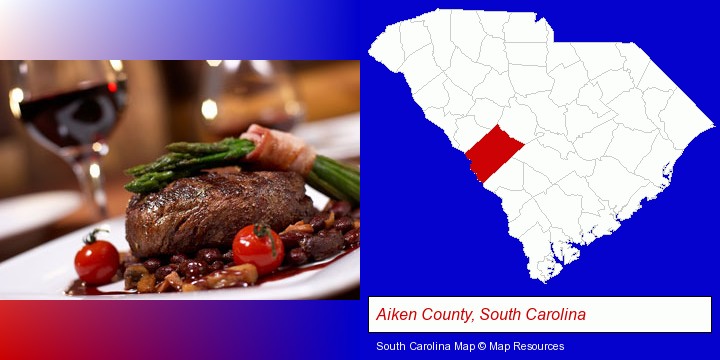 a steak dinner; Aiken County, South Carolina highlighted in red on a map
