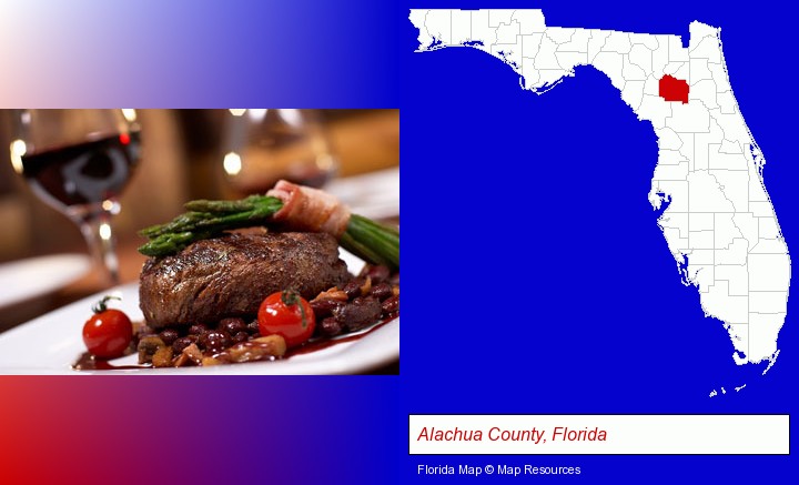 a steak dinner; Alachua County, Florida highlighted in red on a map