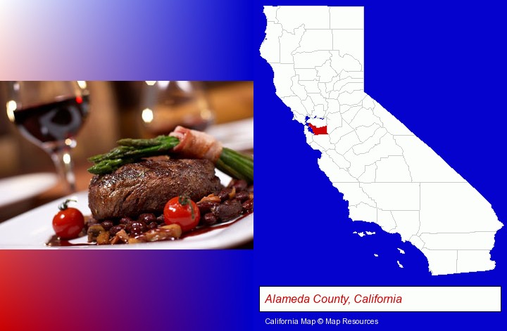 a steak dinner; Alameda County, California highlighted in red on a map