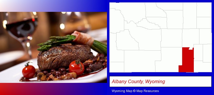 a steak dinner; Albany County, Wyoming highlighted in red on a map