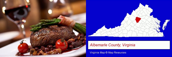 a steak dinner; Albemarle County, Virginia highlighted in red on a map