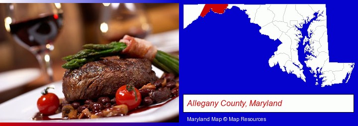 a steak dinner; Allegany County, Maryland highlighted in red on a map