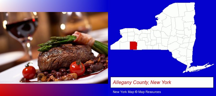 a steak dinner; Allegany County, New York highlighted in red on a map