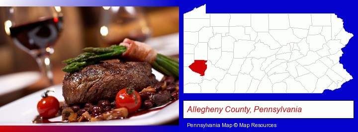 a steak dinner; Allegheny County, Pennsylvania highlighted in red on a map