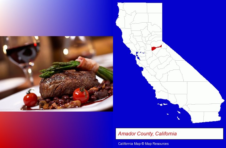 a steak dinner; Amador County, California highlighted in red on a map