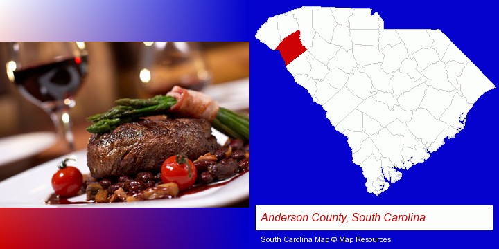 a steak dinner; Anderson County, South Carolina highlighted in red on a map