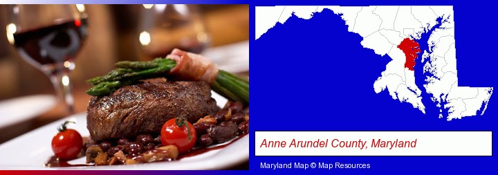 a steak dinner; Anne Arundel County, Maryland highlighted in red on a map