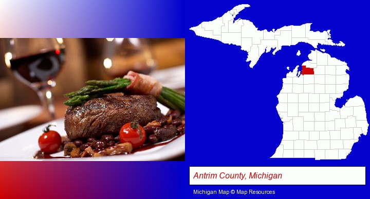 a steak dinner; Antrim County, Michigan highlighted in red on a map