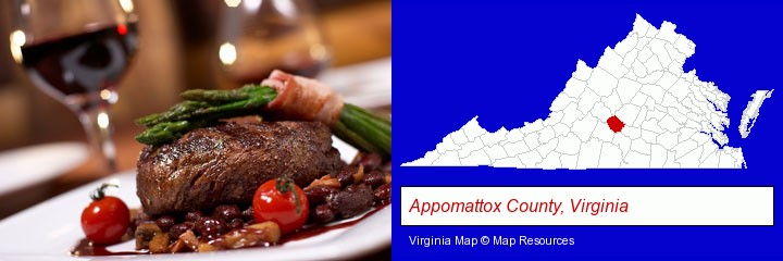 a steak dinner; Appomattox County, Virginia highlighted in red on a map