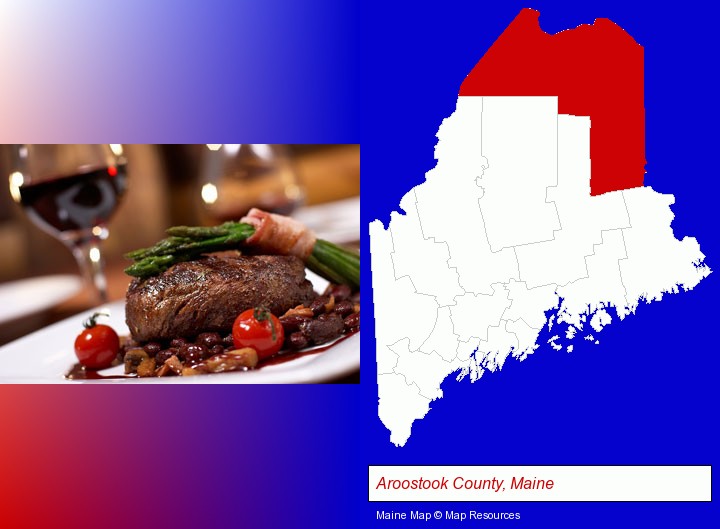 a steak dinner; Aroostook County, Maine highlighted in red on a map