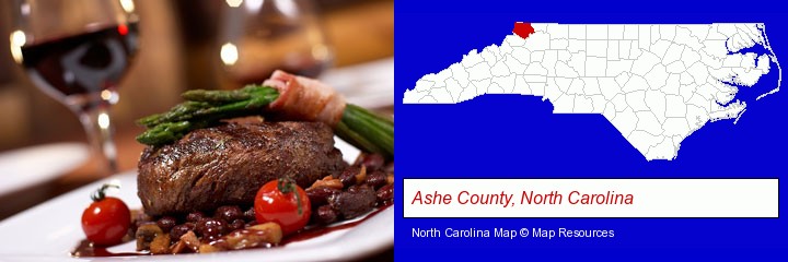 a steak dinner; Ashe County, North Carolina highlighted in red on a map