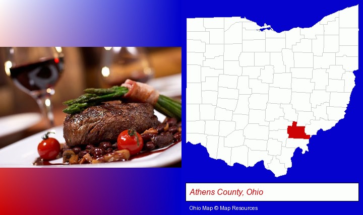 a steak dinner; Athens County, Ohio highlighted in red on a map