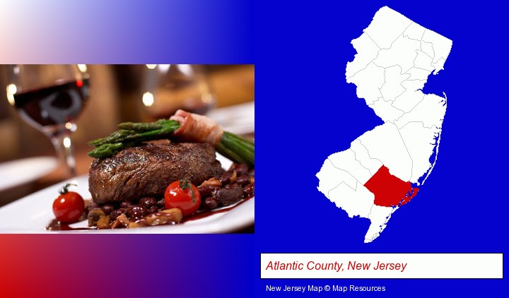 a steak dinner; Atlantic County, New Jersey highlighted in red on a map