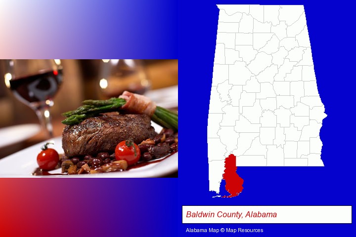 a steak dinner; Baldwin County, Alabama highlighted in red on a map