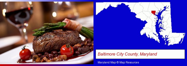 a steak dinner; Baltimore City County, Maryland highlighted in red on a map