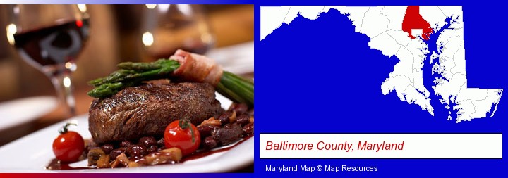 a steak dinner; Baltimore County, Maryland highlighted in red on a map