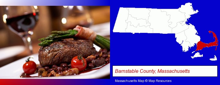 a steak dinner; Barnstable County, Massachusetts highlighted in red on a map