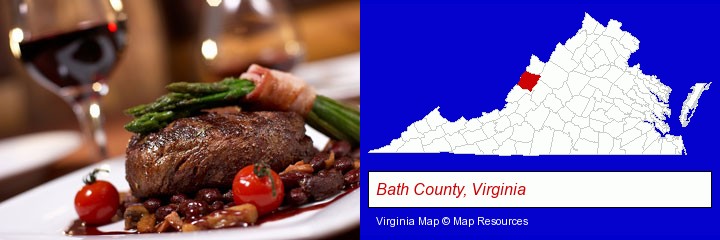 a steak dinner; Bath County, Virginia highlighted in red on a map