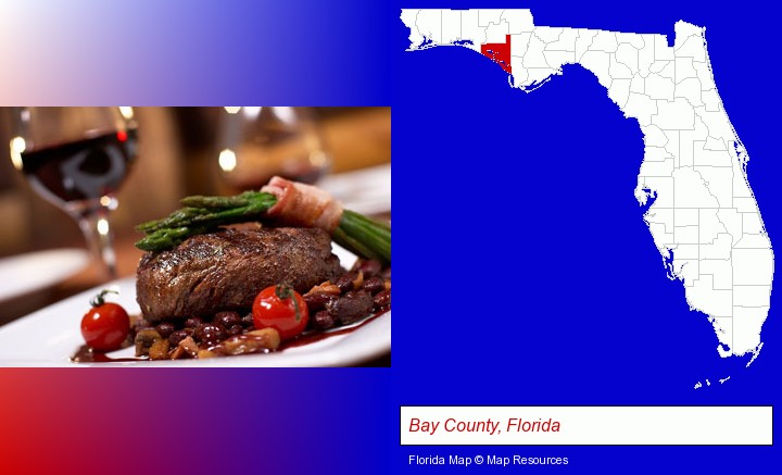 a steak dinner; Bay County, Florida highlighted in red on a map