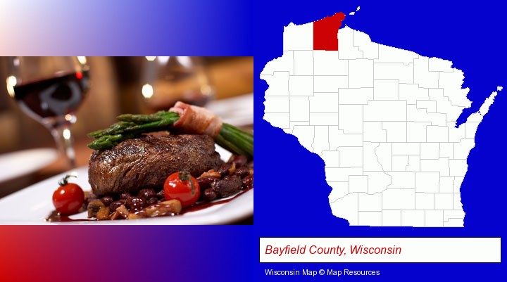 a steak dinner; Bayfield County, Wisconsin highlighted in red on a map