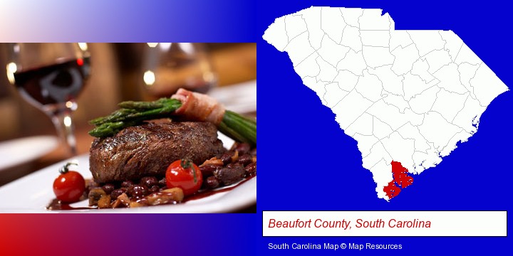 a steak dinner; Beaufort County, South Carolina highlighted in red on a map
