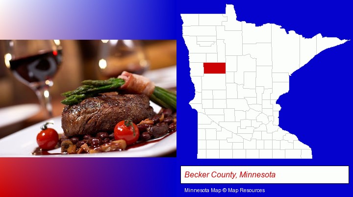 a steak dinner; Becker County, Minnesota highlighted in red on a map