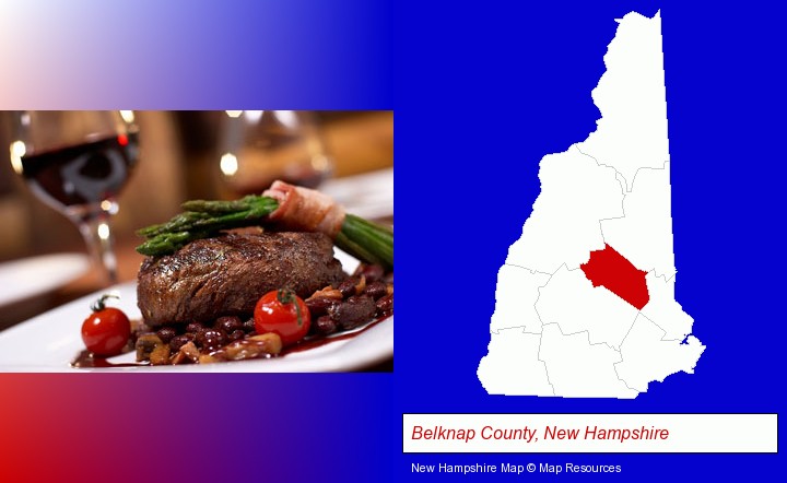 a steak dinner; Belknap County, New Hampshire highlighted in red on a map