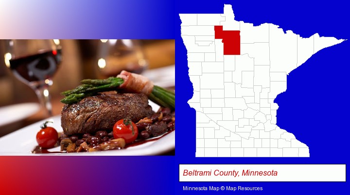 a steak dinner; Beltrami County, Minnesota highlighted in red on a map