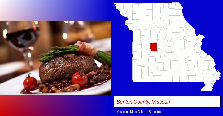 a steak dinner; Benton County, Missouri highlighted in red on a map