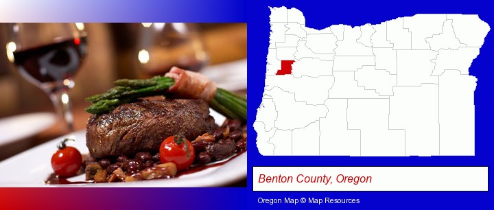 a steak dinner; Benton County, Oregon highlighted in red on a map