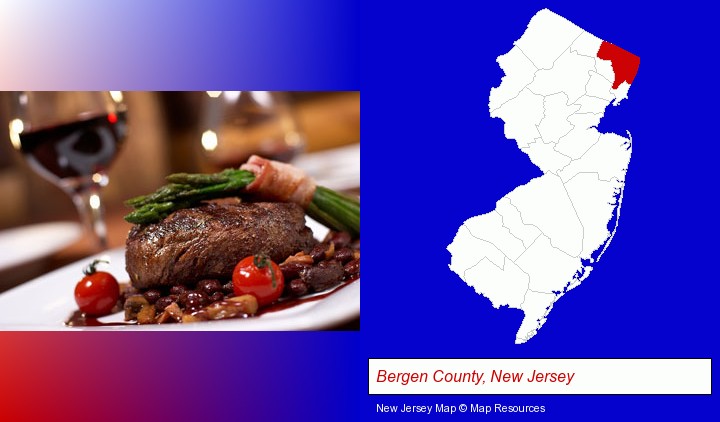 a steak dinner; Bergen County, New Jersey highlighted in red on a map