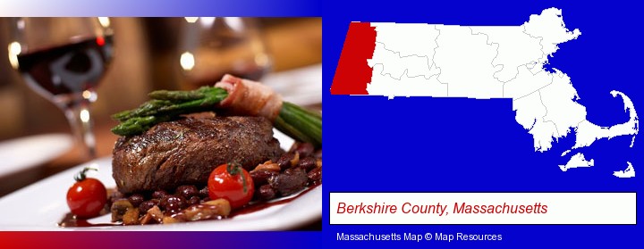 a steak dinner; Berkshire County, Massachusetts highlighted in red on a map