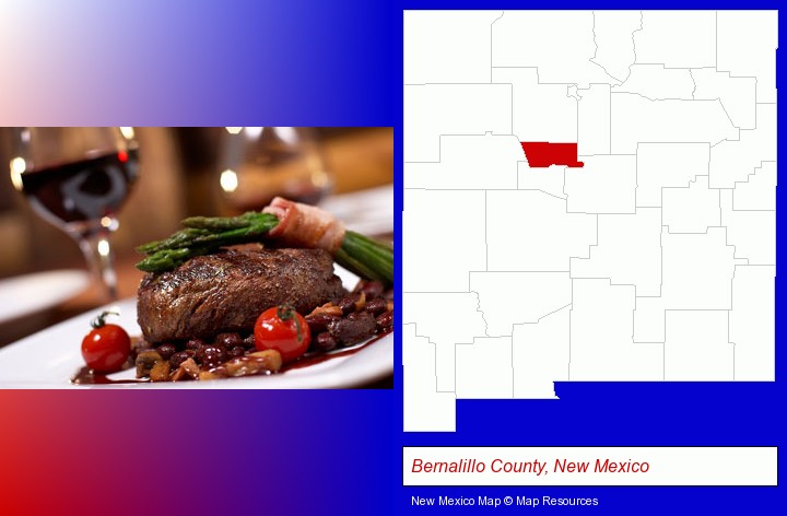 a steak dinner; Bernalillo County, New Mexico highlighted in red on a map