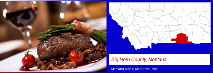 a steak dinner; Big Horn County, Montana highlighted in red on a map