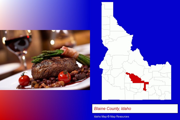 a steak dinner; Blaine County, Idaho highlighted in red on a map
