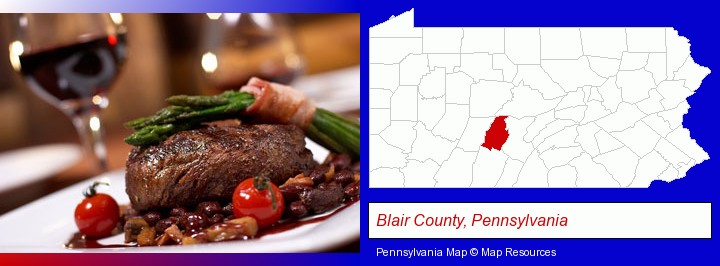 a steak dinner; Blair County, Pennsylvania highlighted in red on a map