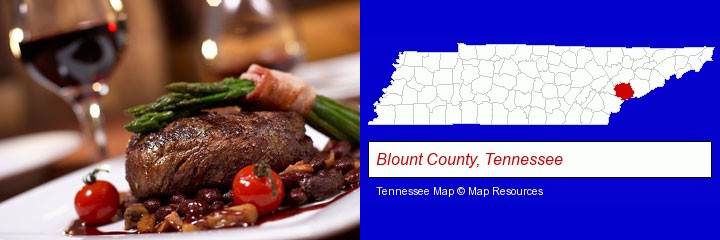 a steak dinner; Blount County, Tennessee highlighted in red on a map