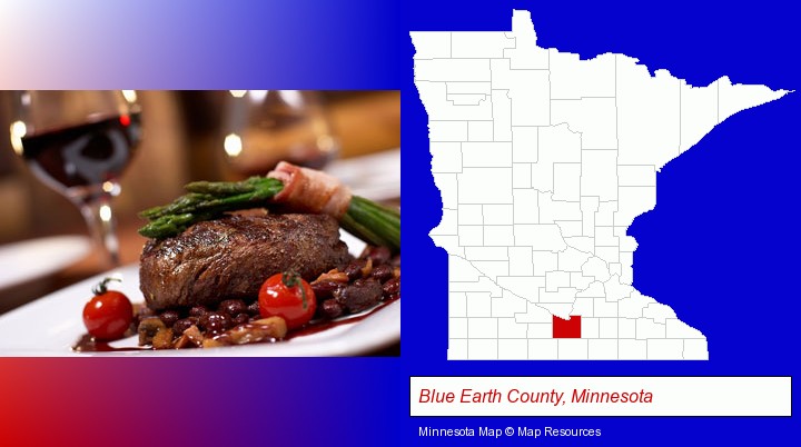 a steak dinner; Blue Earth County, Minnesota highlighted in red on a map