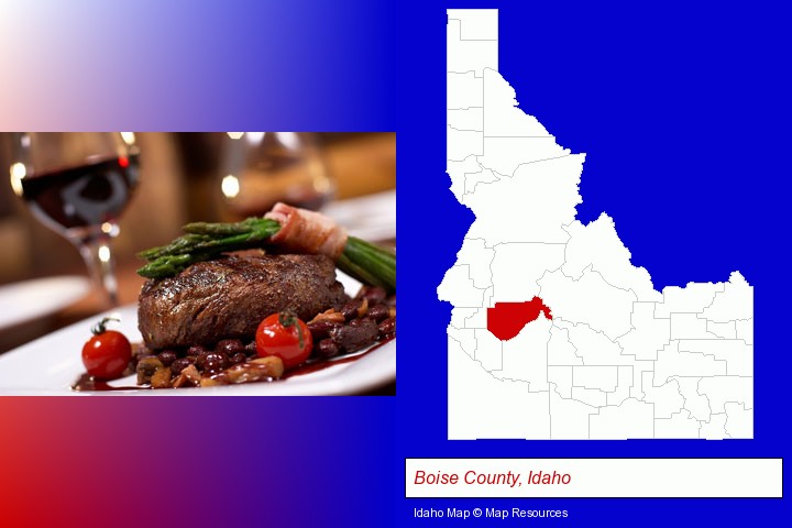 a steak dinner; Boise County, Idaho highlighted in red on a map