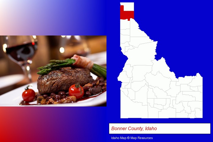 a steak dinner; Bonner County, Idaho highlighted in red on a map