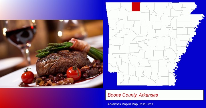 a steak dinner; Boone County, Arkansas highlighted in red on a map